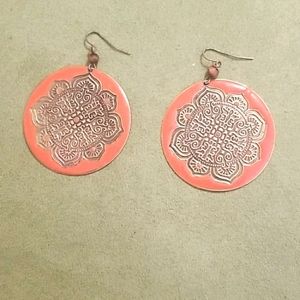 BOHO pressed gold tone orange enameled earrings